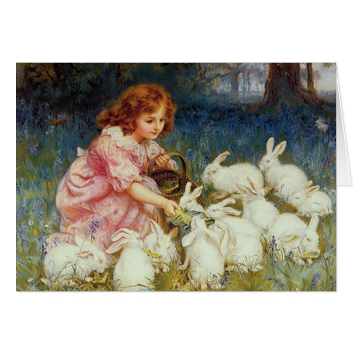 Girl feeding Rabbits Card