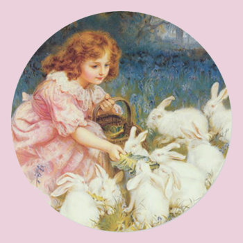 Girl Feeding Rabbits Classic Round Sticker by Cardgallery at Zazzle