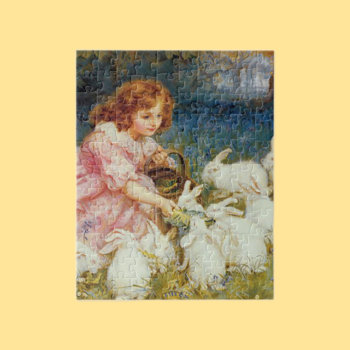 Girl Feeding Rabbits Jigsaw Puzzle by Cardgallery at Zazzle
