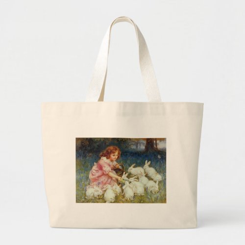 Girl feeding Rabbits Large Tote Bag