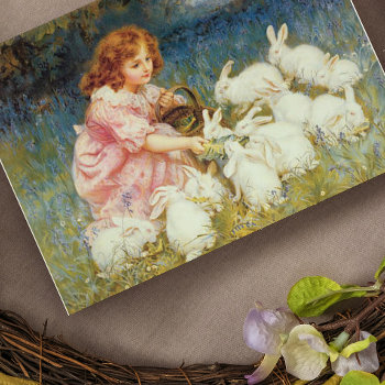 Girl Feeding Rabbits Square Sticker by Cardgallery at Zazzle