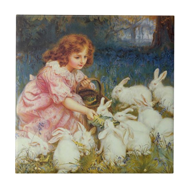 Girl feeding rabbits tile (Front)