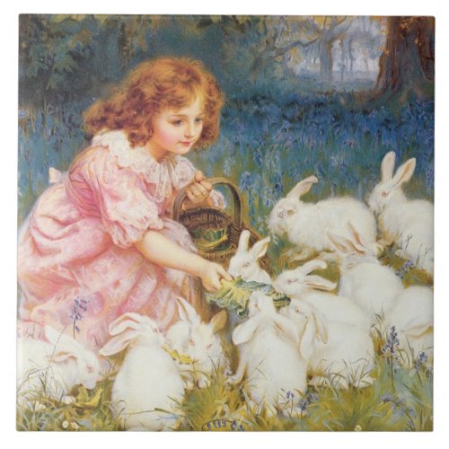 Girl Feeding the Rabbits by Frederick Morgan Ceramic Tile