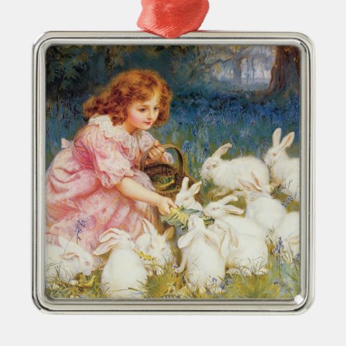 Girl Feeding the Rabbits by Frederick Morgan Metal Ornament