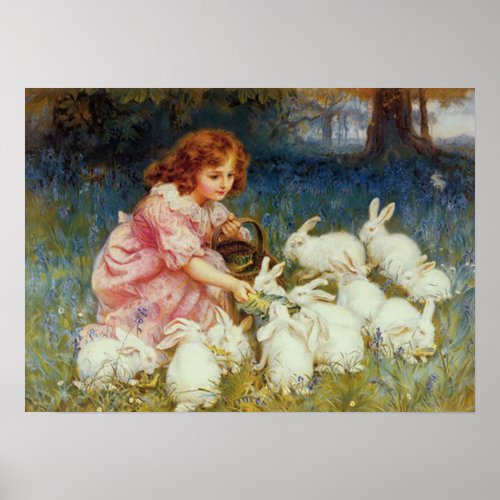 Girl feeding White Rabbits Poster