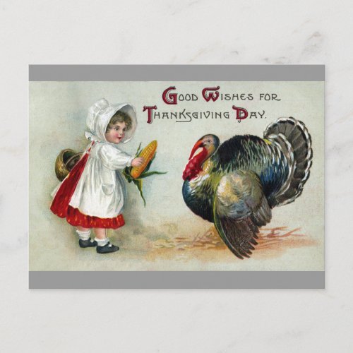 Girl Feeds Corn to Turkey Vintage Thanksgiving Holiday Postcard