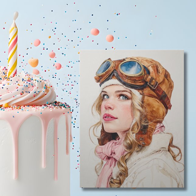 Girl Female Pilot Aviator Watercolor Fun Birthday  Postcard (Creator Uploaded)