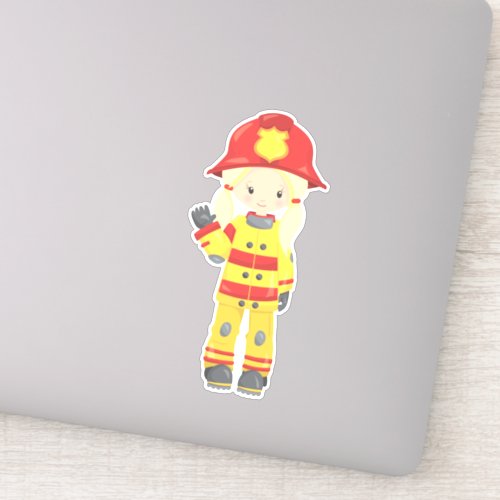 Girl Fireman Female Firefighter Blonde Hair Sticker