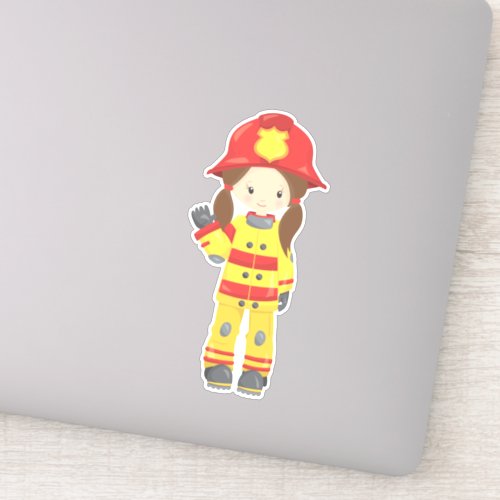 Girl Fireman Female Firefighter Brown Hair Sticker