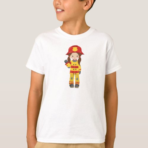 Girl Fireman Female Firefighter Brown Hair T_Shirt