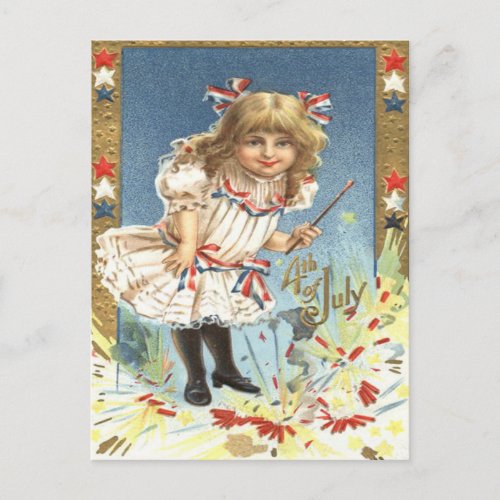 Girl Fireworks Firecracker Stars  Stripes Postcard