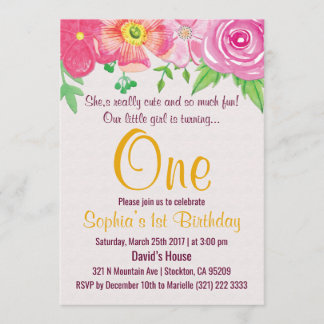 Girl First 1st One Floral Birthday Party Invite