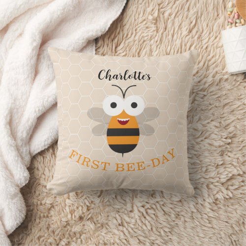 Girl First Birthday 1st Bee-Day Cute Honeybee Throw Pillow
