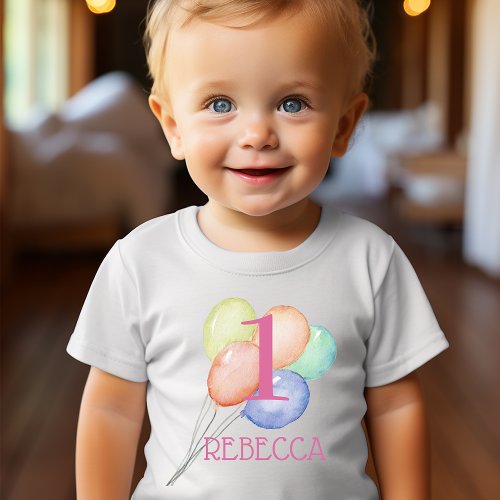 Girl First Birthday Balloons and Name Baby T_Shirt