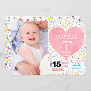 Girl First Birthday Confetti Heart Balloon Photo Invitation