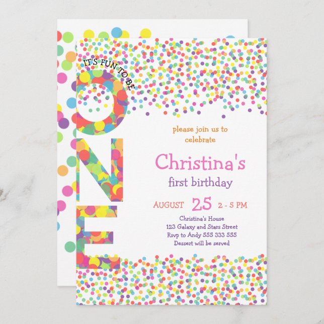 Girl First Birthday Confetti Rainbow Colorful Cute Invitation (Front/Back)