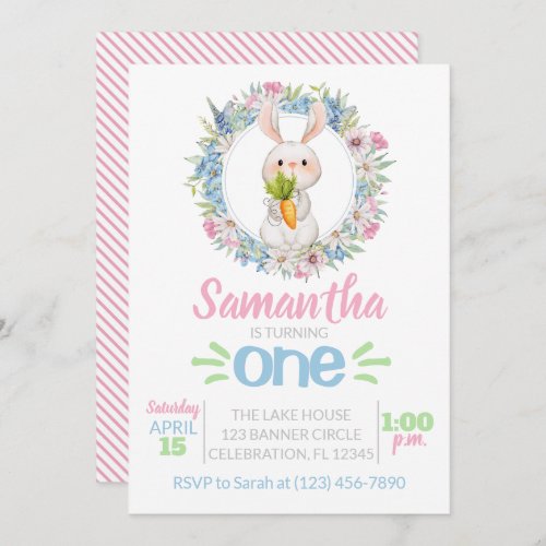 Girl First Birthday Easter Watercolor Bunny Invitation