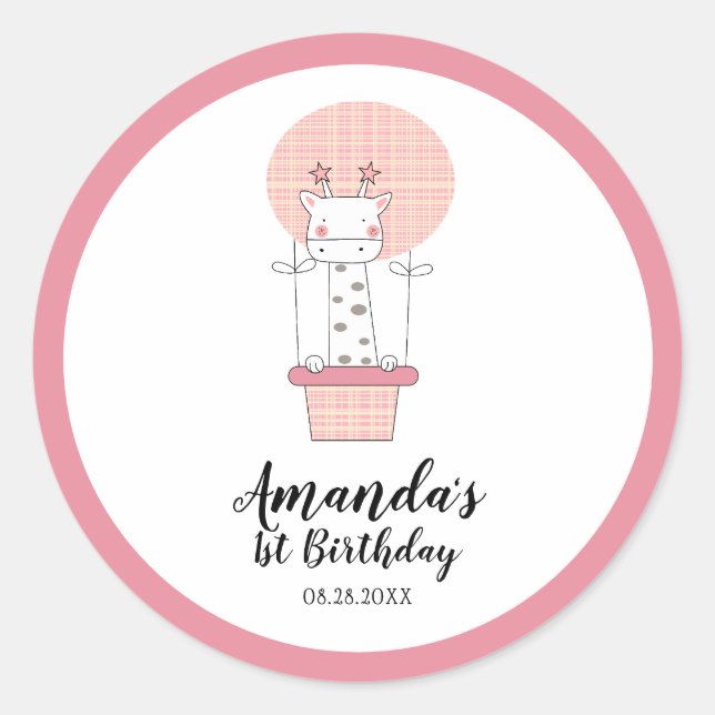 Girl First Birthday Giraffe Classic Round Sticker (Front)