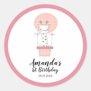 Girl First Birthday Giraffe Classic Round Sticker