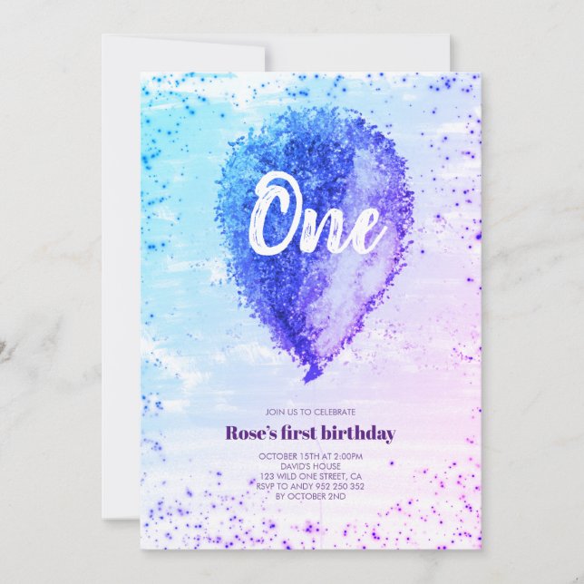 Girl First Birthday Glitter Ombre Balloon Invitation (Front)