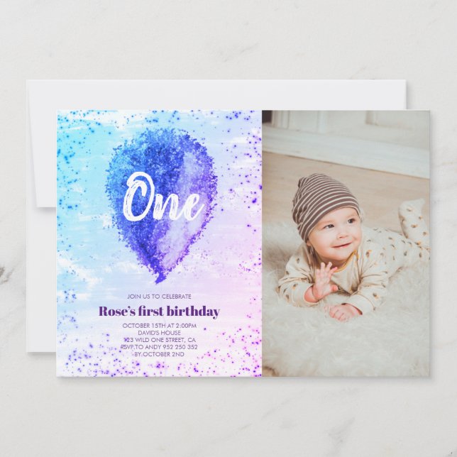 Girl First Birthday Glitter Ombre Balloon Photo Invitation (Front)