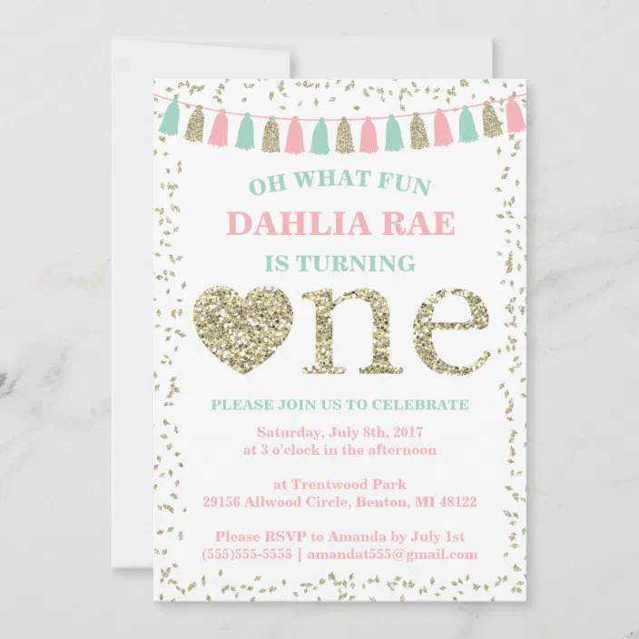 Minnie Mouse Birthday Party Invitation Pink Gold Mint 