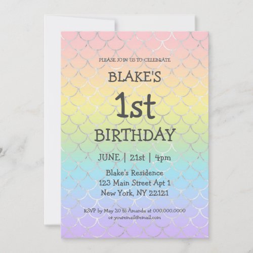 Girl First Birthday Mermaid Rainbow Invitation