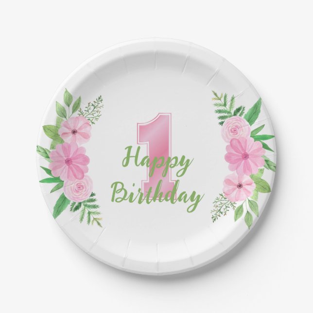 Girl First Birthday Party Plate Pink Green Floral  (Front)