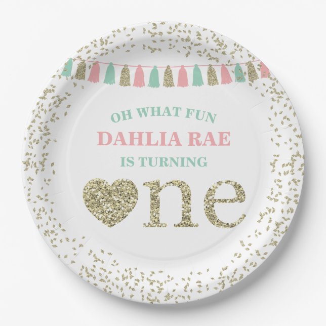 Girl First Birthday Party Plates Pink Mint Gold (Front)