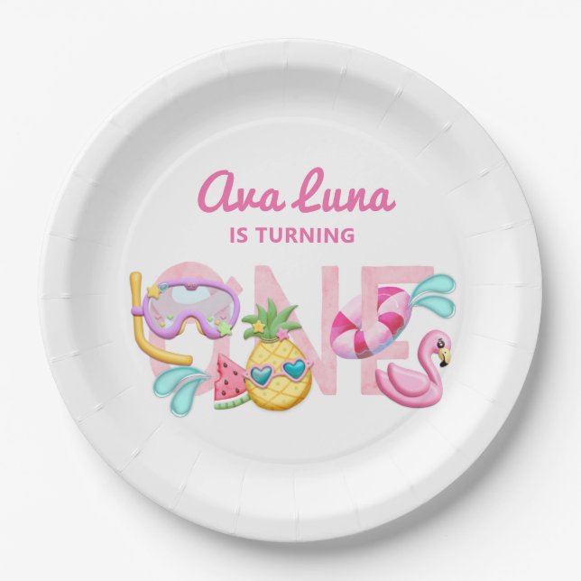 Girl First Birthday Summer Beach Party  Paper Plates (Front)