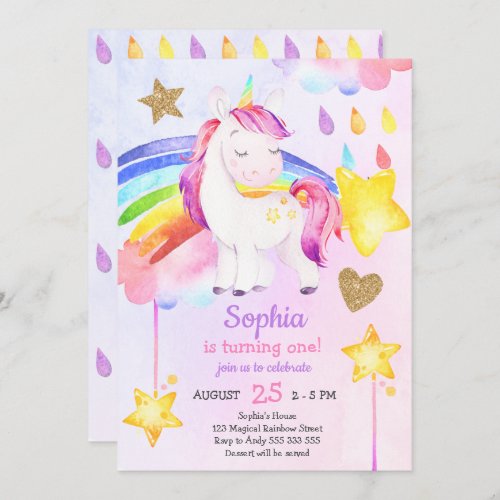 Girl First Birthday Unicorn Rainbow Watercolor Invitation