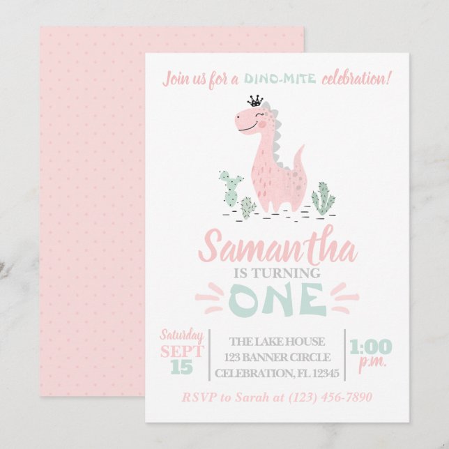 Girl First Birthday Watercolor Dinosaur Invitation (Front/Back)