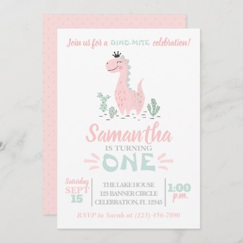 Girl First Birthday Watercolor Dinosaur Invitation