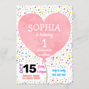Girl First Birthday Watercolor Heart Balloon Cute Invitation