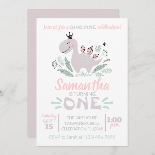 Girl First Birthday Watercolor Purple Dinosaur Invitation