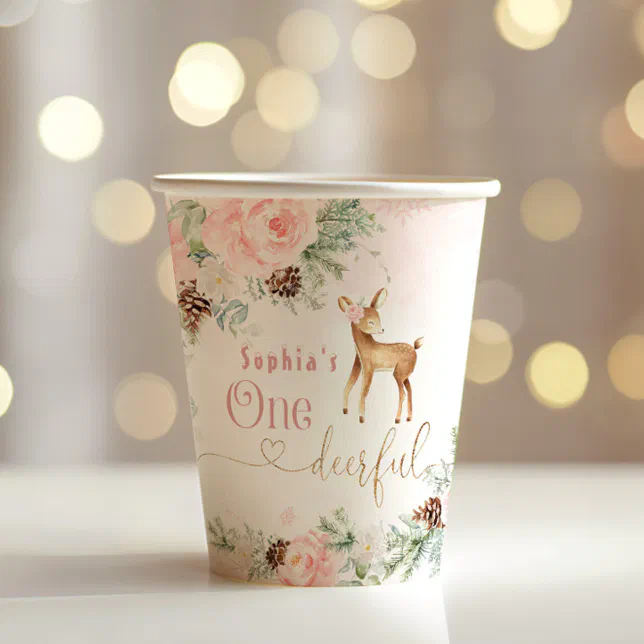 Girl first birthday winter deer blush pink paper cups | Zazzle