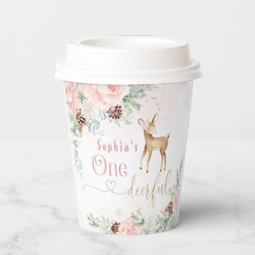 Girl first birthday winter deer blush pink paper cups | Zazzle