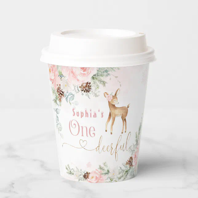 Girl first birthday winter deer blush pink paper cups | Zazzle