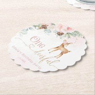 Girl first birthday winter One-deer-ful birthday Paper Coaster