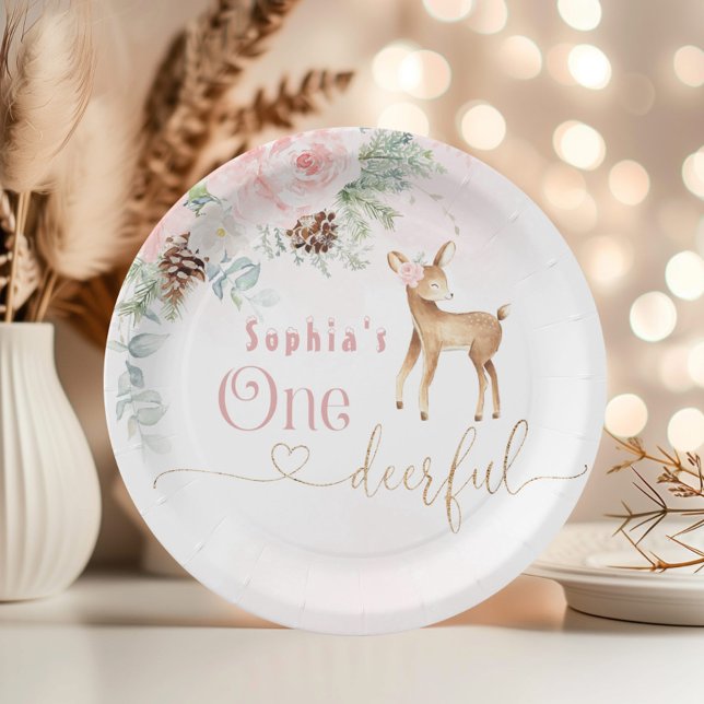 Girl first birthday winter One-deer-ful birthday Paper Plates (Creator Uploaded)