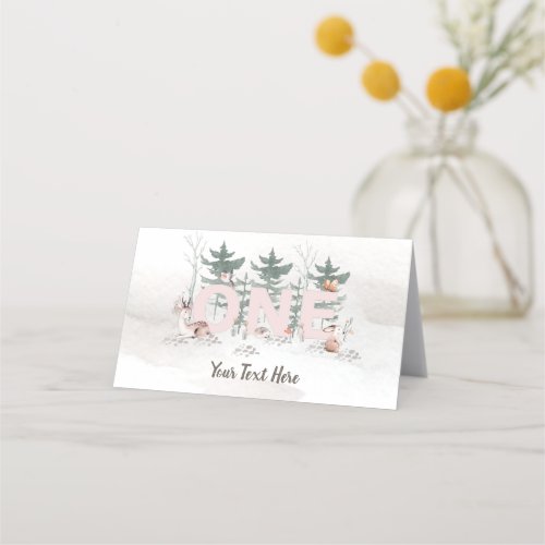 Girl First Birthday Woodland Animals Pink One Place Card