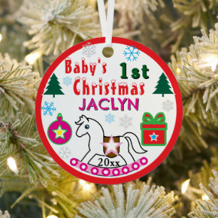 Girl First Christmas Peace White Rocking Horse Metal Ornament