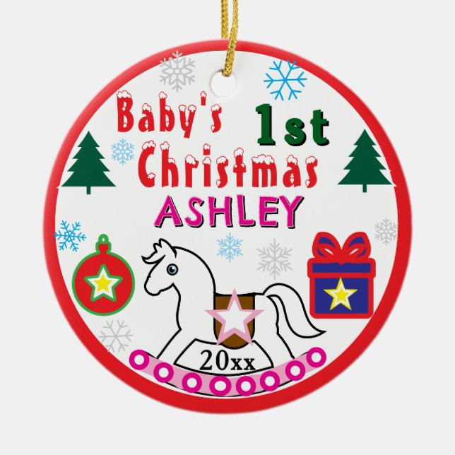Girl First Christmas PHOTO White Horse  Ceramic Ornament (Front)