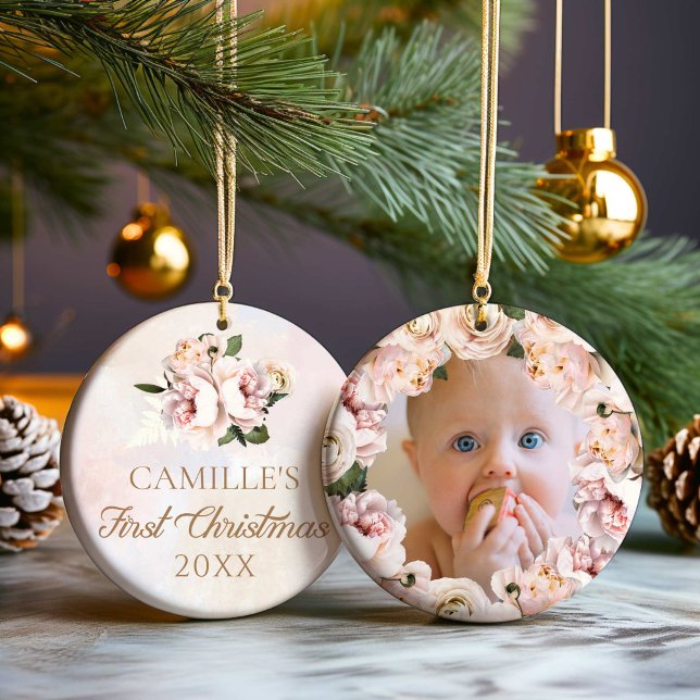 Girl First Christmas Pink Floral Photo Ceramic Ornament (Personalized 1st Christmas Girl Floral Photo Ornament)