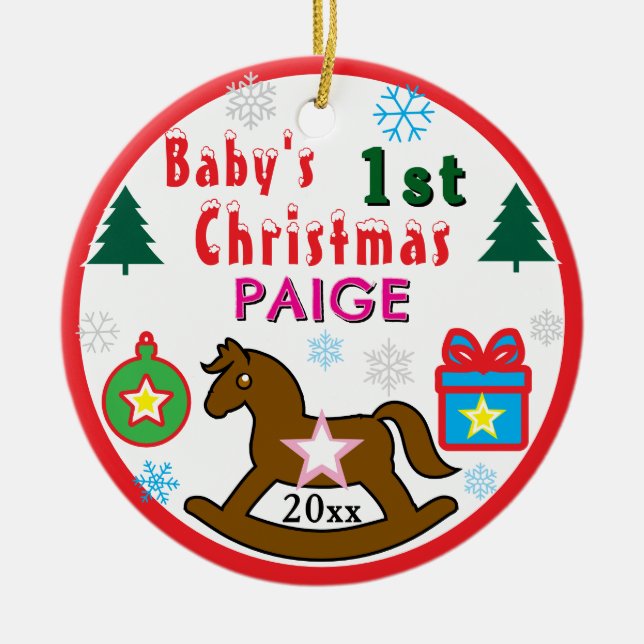 Girl First Christmas Rocking Horse INSERT PHOTO Ceramic Ornament (Front)