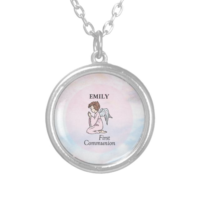 Girl, First Communion Angel Silver Plated Necklace (Front)