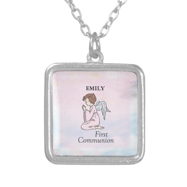 Girl, First Communion Angel Silver Plated Necklace (Front)