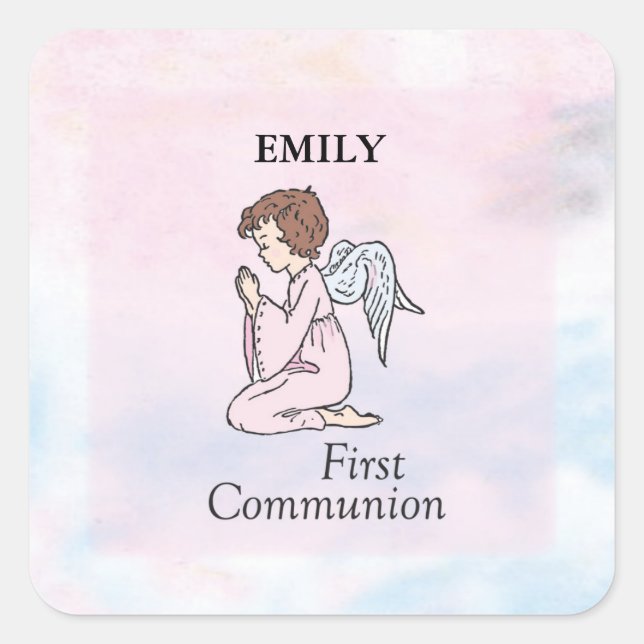 Girl, First Communion Angel Square Sticker (Front)