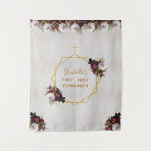 Girl First Communion Backdrop Gold Burgundy Marble