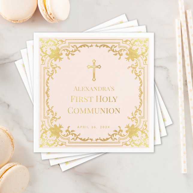 Girl First Communion Blush Pink Faux Gold Cross Napkins (Creator Uploaded)